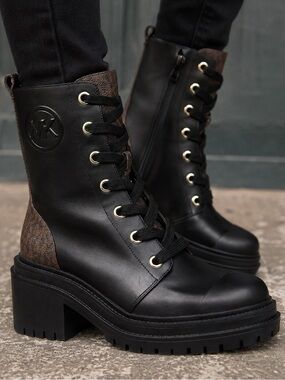 . Michael Kors Black Hanley Leather & Signature Logo Trim Combat Boots